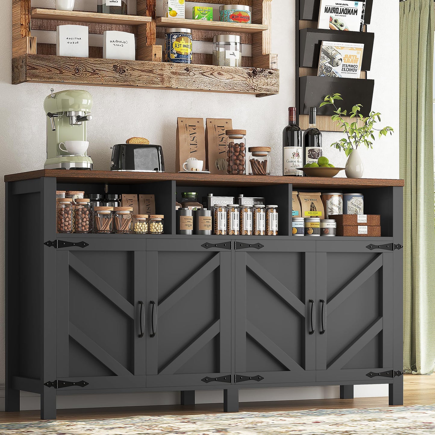knoworld Buffet Sideboard with Storage Farmhouse with 4 Doors, 55'' Large Kitchen Storage Cabinet Wood Coffee Bar Cabinet Buffet Table with Shelves for Kitchen, Dining Room, Entryway (Black, 55 in)
