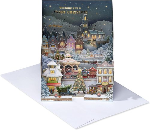 American Greetings 3D Pop-Up Christmas Card - Magic Moments Winter Village Scene by Jacquie Lawson