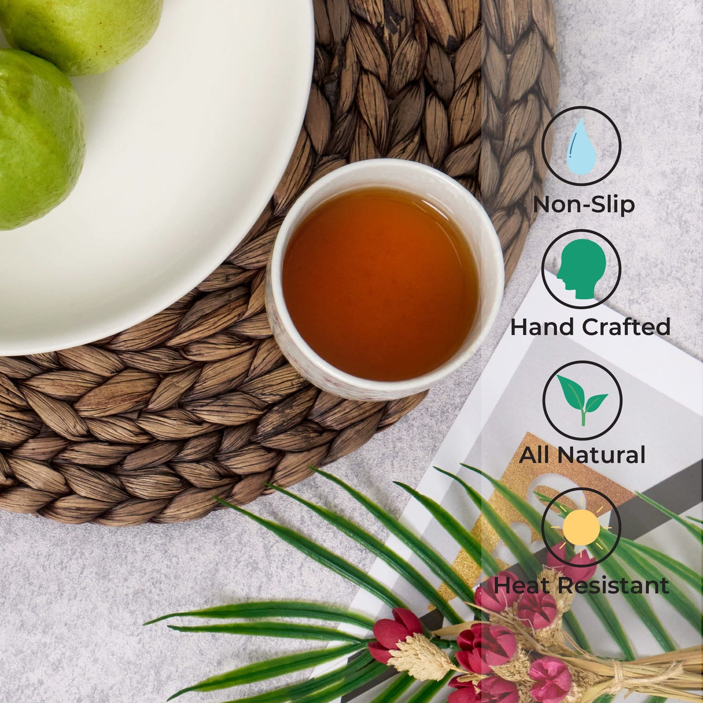 (4 Sizes: 12"-13"-14"-15") BARIEN Rustic Woven Placemats Round Set of 6, Natural Water Hyacinth Weave Placemat for Dining Table, Large Handmade Woven Placemats Heat Resistant Non-Slip (13" - Set 6)
