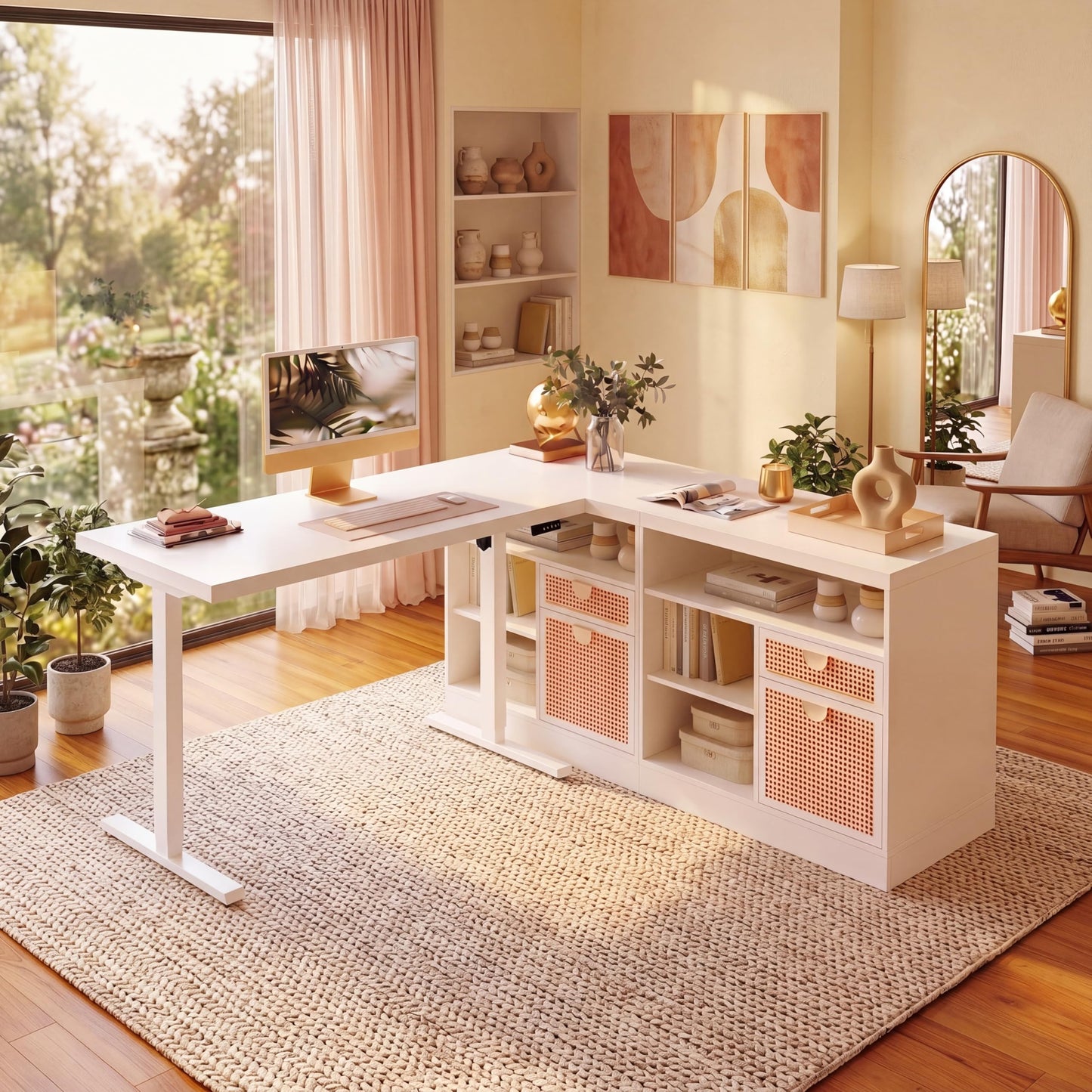 ModernMate 67" L Shaped Electric Standing Desk with 4 Drawers, Corner Executive Workstation with 2 File Cabinets, Height Adjustable with AC/USB for Home Office, 1.18" One-Piece Desktop, White Rattan