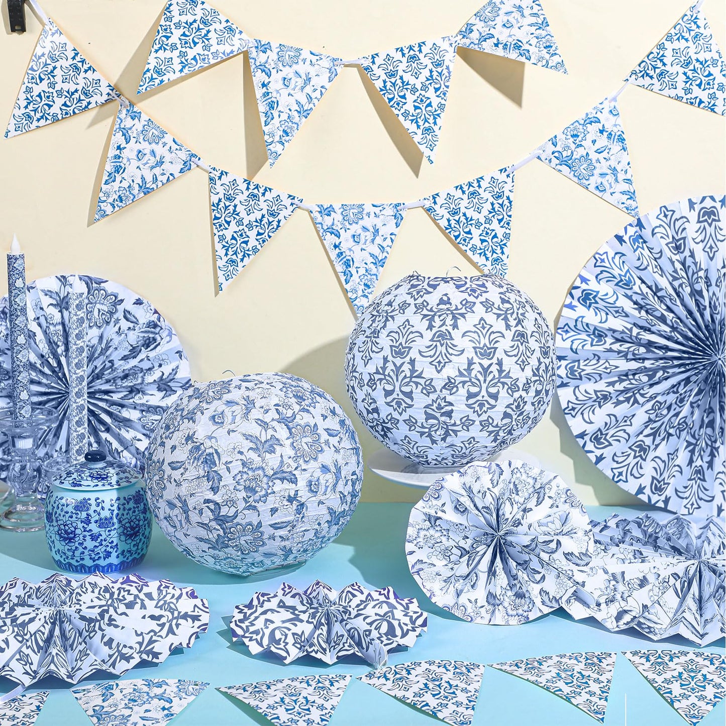 Tujoe 19 Pcs Chinoiserie Themed Party Decorations 10 Paper Lanterns 3 Triangle Flags Banner 6 Hanging Round Fans Blue and White Print Chinese Hanging Decoration for Ceiling Wedding Birthday Home Decor