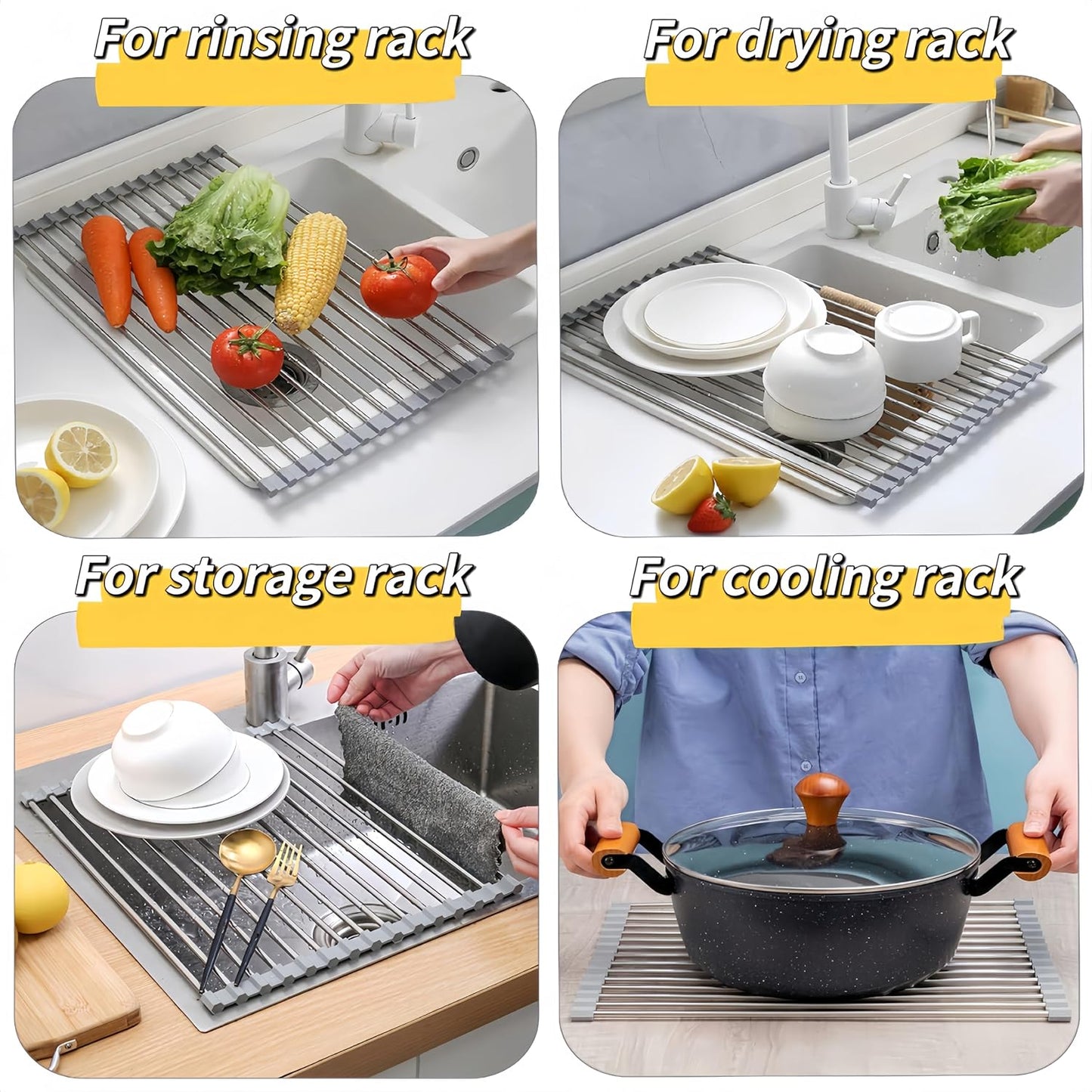 Skiennix Roll Up Dish Drying Rack - Foldable Stainless Steel Kitchen Rack | 17.7" x 11.8" (Grey)