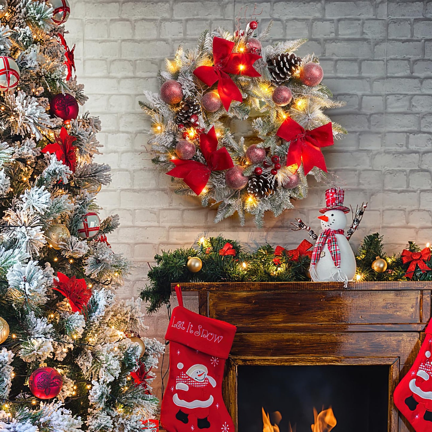 24" Prelit Christmas Wreath with Lights, Battery Operated Xmas Garland with Decorations, Wreath for Front Door Porch Wall Window Fireplace Outdoor Home Holiday Accent
