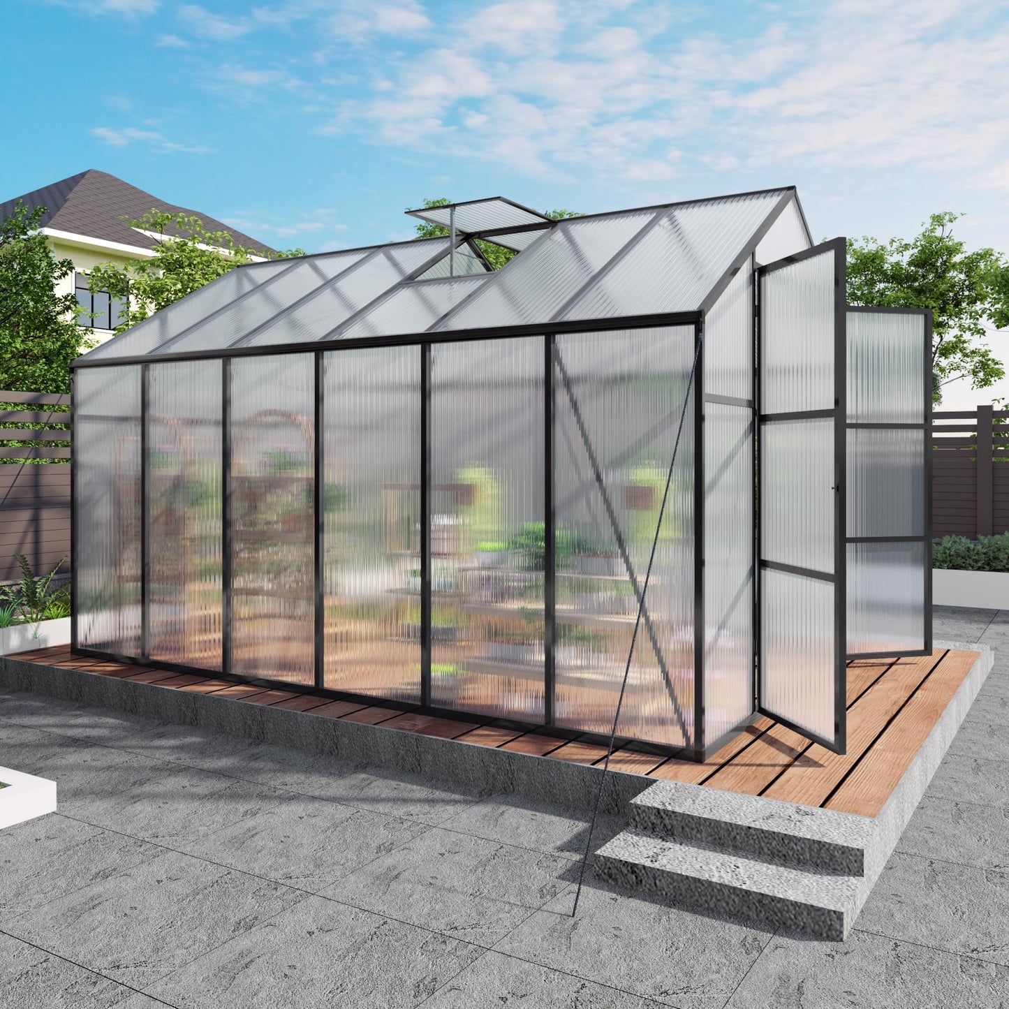 YOPTO 8x12T Greenhouse,Outdoor Polycarbonate Greenhouse with Roof Vent & Drainage System,Heavy Duty Aluminum Walk-in Green Houses for Outside Garden Backyard,Easy Assembly,Black