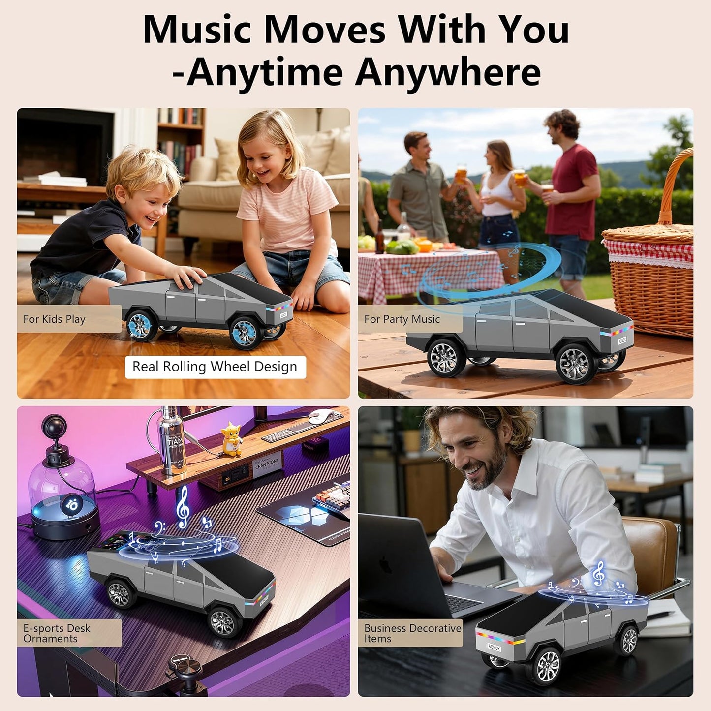 AONOX Cybertruck Bluetooth Speaker for Car, Mini Wireless Speaker with LED Lights, FM Radio, USB/TF Card, TWS Stereo