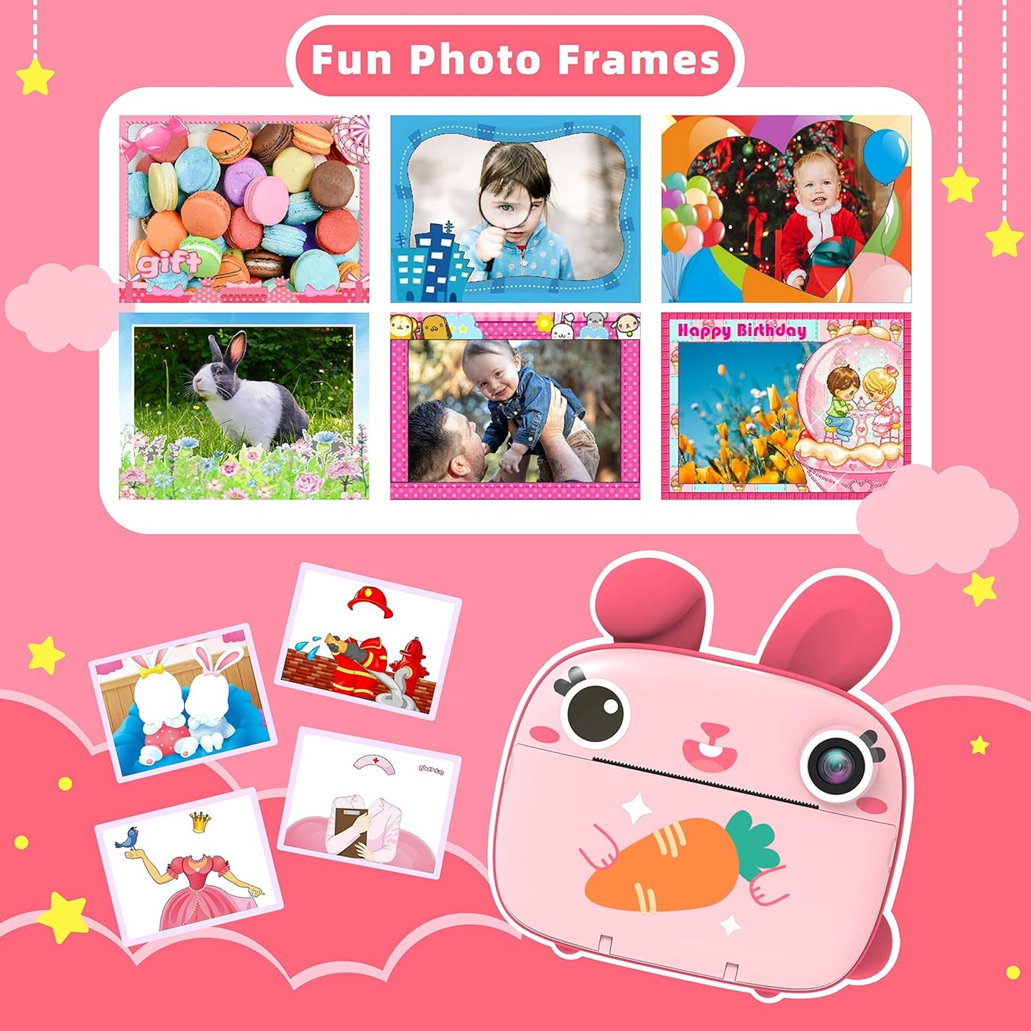 CAMCLID 2.5K 32GB 1080P 3-12 Kids Instant Camera - Instant Print Camera with No Ink, Card, Selfie & Video, Pink Toy