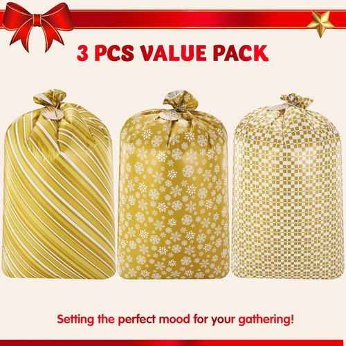 JOYIN Jumbo Gift Bags - 3 Pack 56”x36” Gold Plastic Holiday Present Bags for Christmas Decor & Large Toys