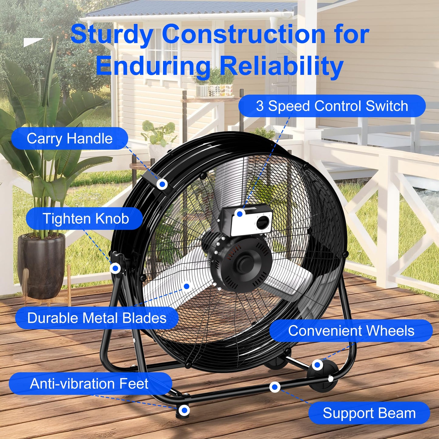 Uthfy 24 Inch High Velocity Floor Fan, 8800CFM Heavy Duty Industrial Drum Fan with 3 Speeds, 360° Tilt Metal Garage Fan with Wheels for Warehouse, Commercial, Workshop, Factory and Gym, Black