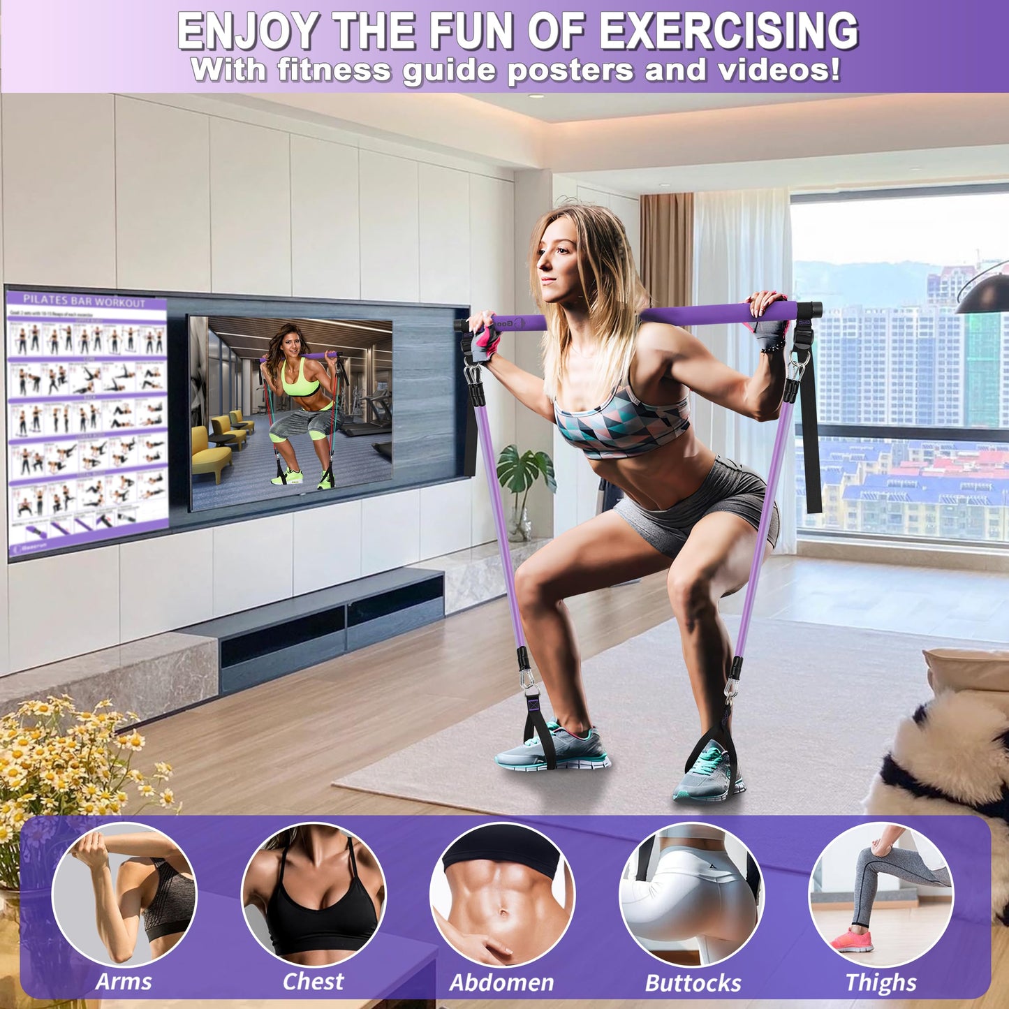 Goocrun Pilates Bar Kit with Resistance Bands for Men and Women - 3 Set Exercise Resistance Bands - Portable Multifunctional Home Gym - Supports Full-Body Workouts – with Fitness Poster and Video