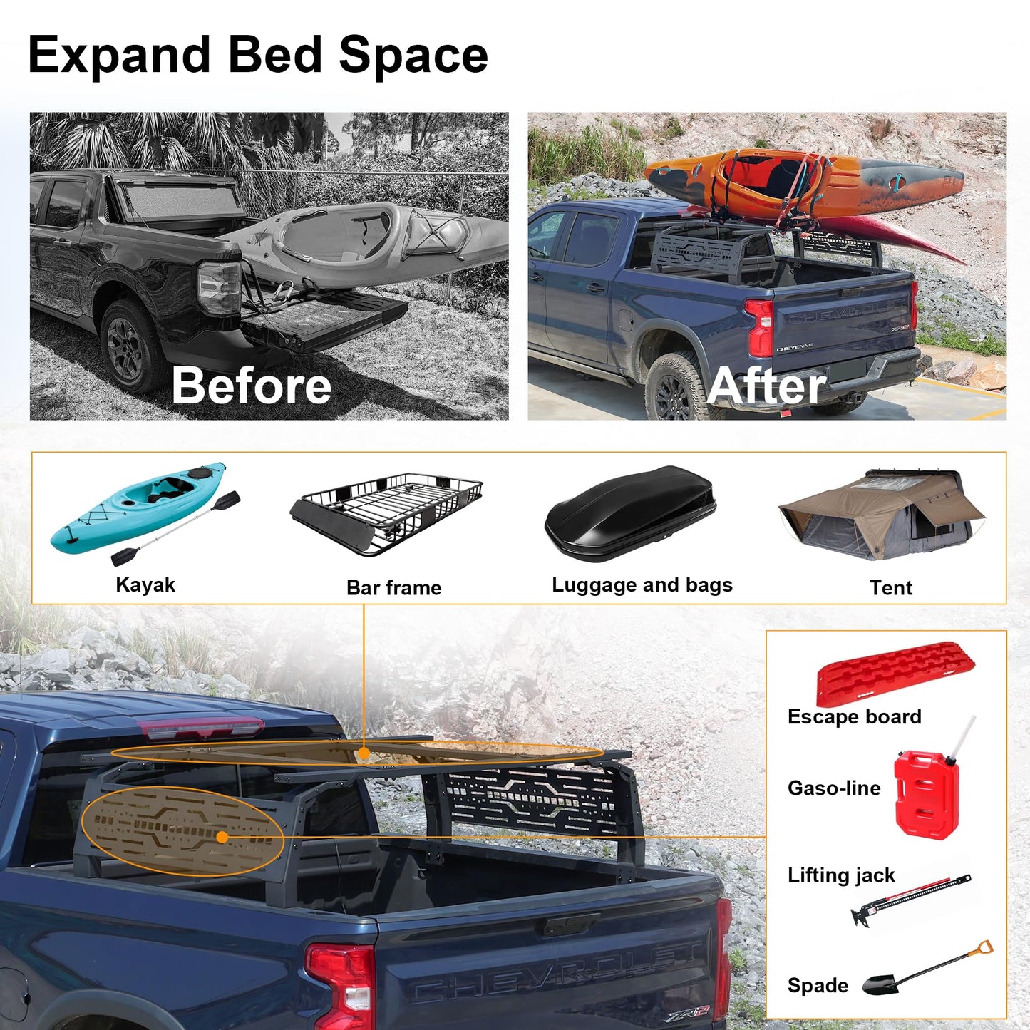 Autekcomma Full Size Pickup Truck Bed Rack Fits for Ford/Dodge Ram/Silverado | 5.5FT (No Tonneau Bed Cover Required) |Black Powder Coted Carbon Steel with 2 Molle