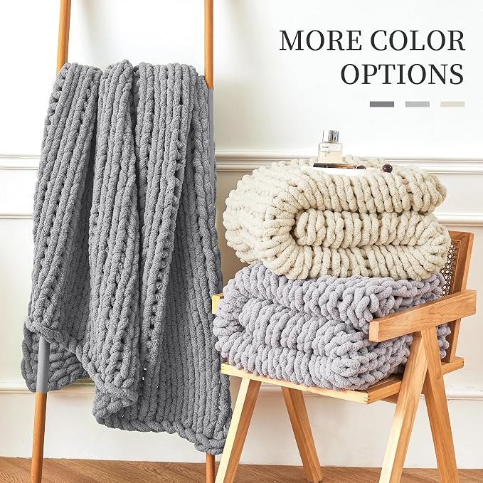 Admitrack Chunky Knit Blanket Throw, 100% Hand Knit Chenille Throw Blanket for Sofa & Home Decor, Soft and Cozy Knitted Throw Blankets (Dark Gray，51"x63")