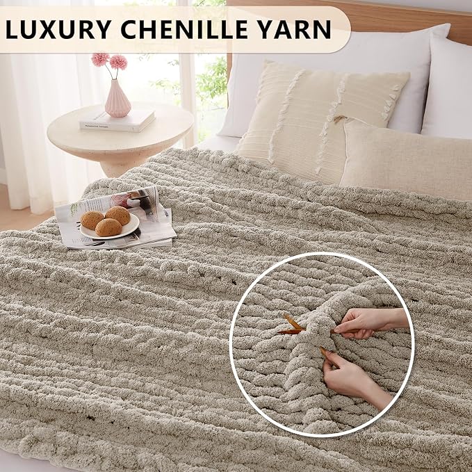 L'AGRATY Chunky Knit Blanket Throw: 60''x80'' Chenille Chunky Knitted Throw Blankets for Bed Couch - Handmade Thick Big Cable Knit Blanket - Large Crochet Rope Blankets for Home Decor(Light Linen)