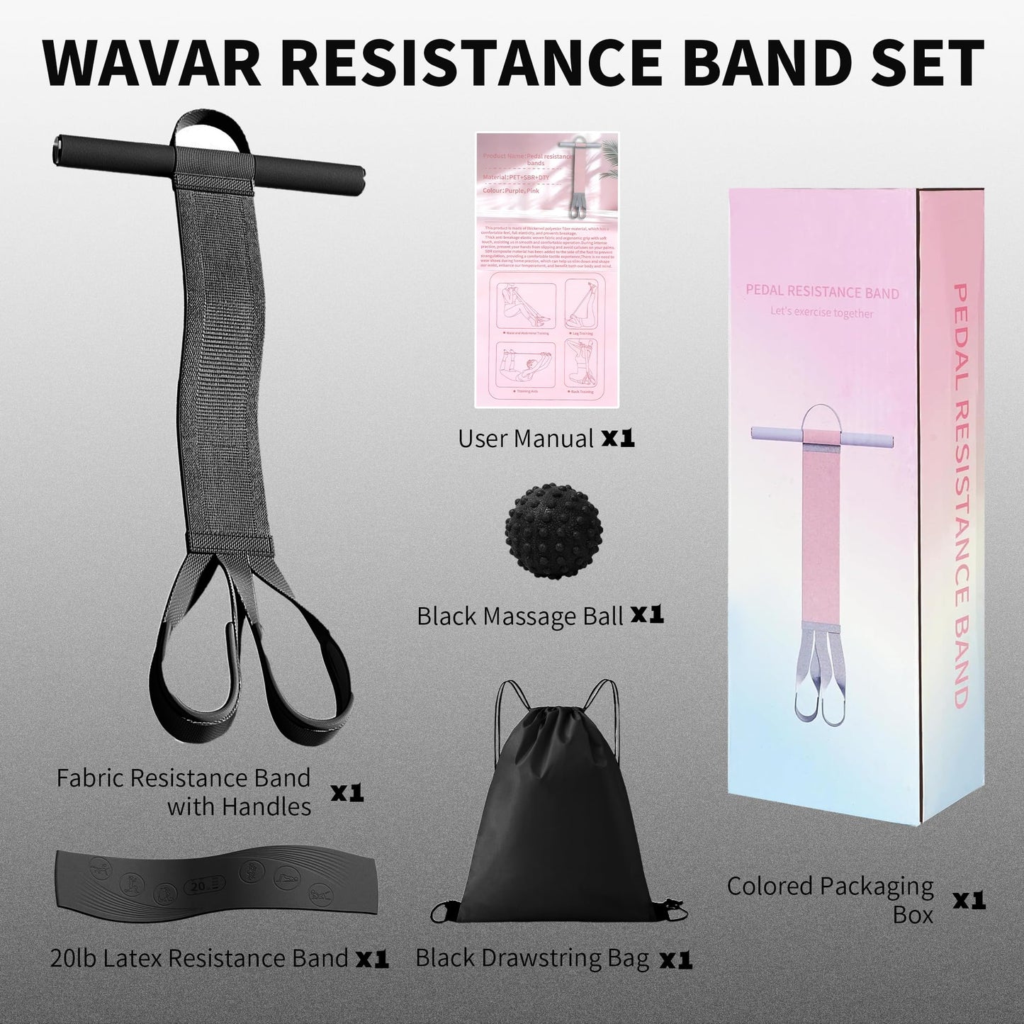 Fabric Resistance Band with Handles Non-Slip Foot Pedal Puller for Women 120lb Full-Body Fitness Band for Strength Muscle Training Workout Equipment for Chest Glutes Leg Arm Core Wrist Ankle