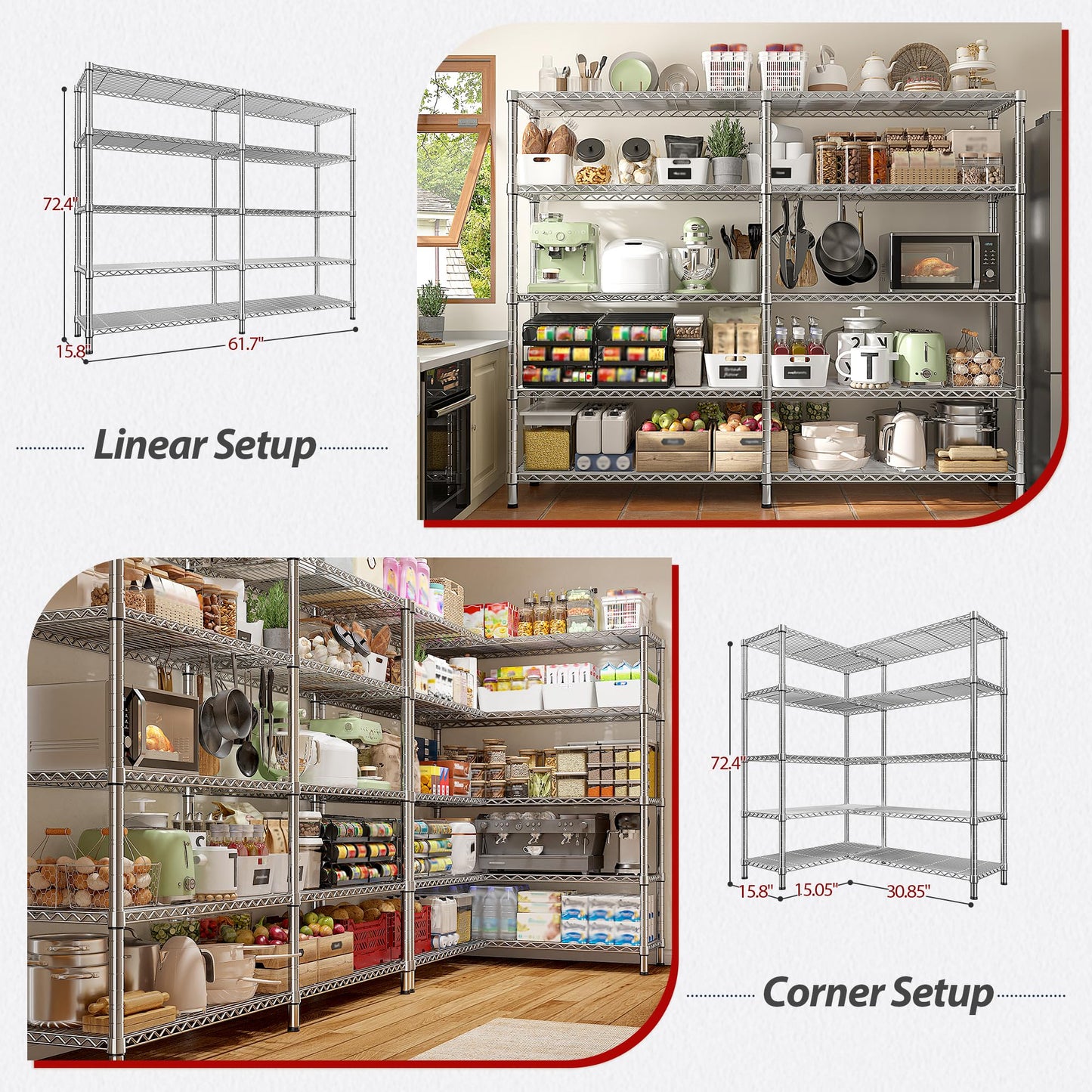 REIBII 1500LBS Storage Shelves 61.7''W Wire Shelving Unit 5 Tier Metal Shelving for Storage Rack Shelves Heavy Duty Garage Shelf Pantry Shelves Kitchen Shelving, 61.7" W*72.4" H*15.8" D, Chrome