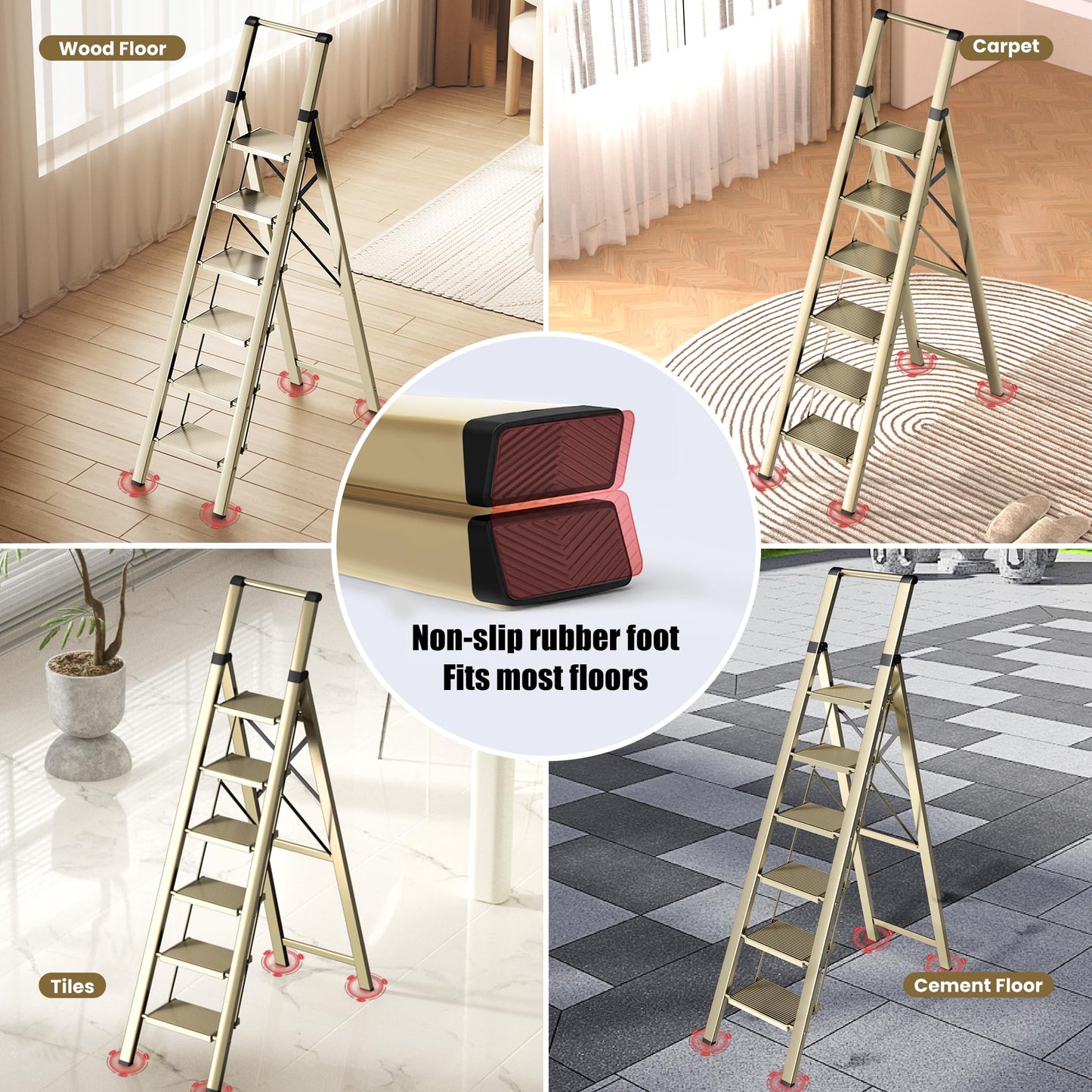 SOLADDER 6 Step Ladder, Folding Step Stool with Handgrip and Anti-Slip Wide Pedal, Portable Lightweight Aluminum Stepladder for Kitchen, Home, Library, Office (300 lbs Capacity) - Gold