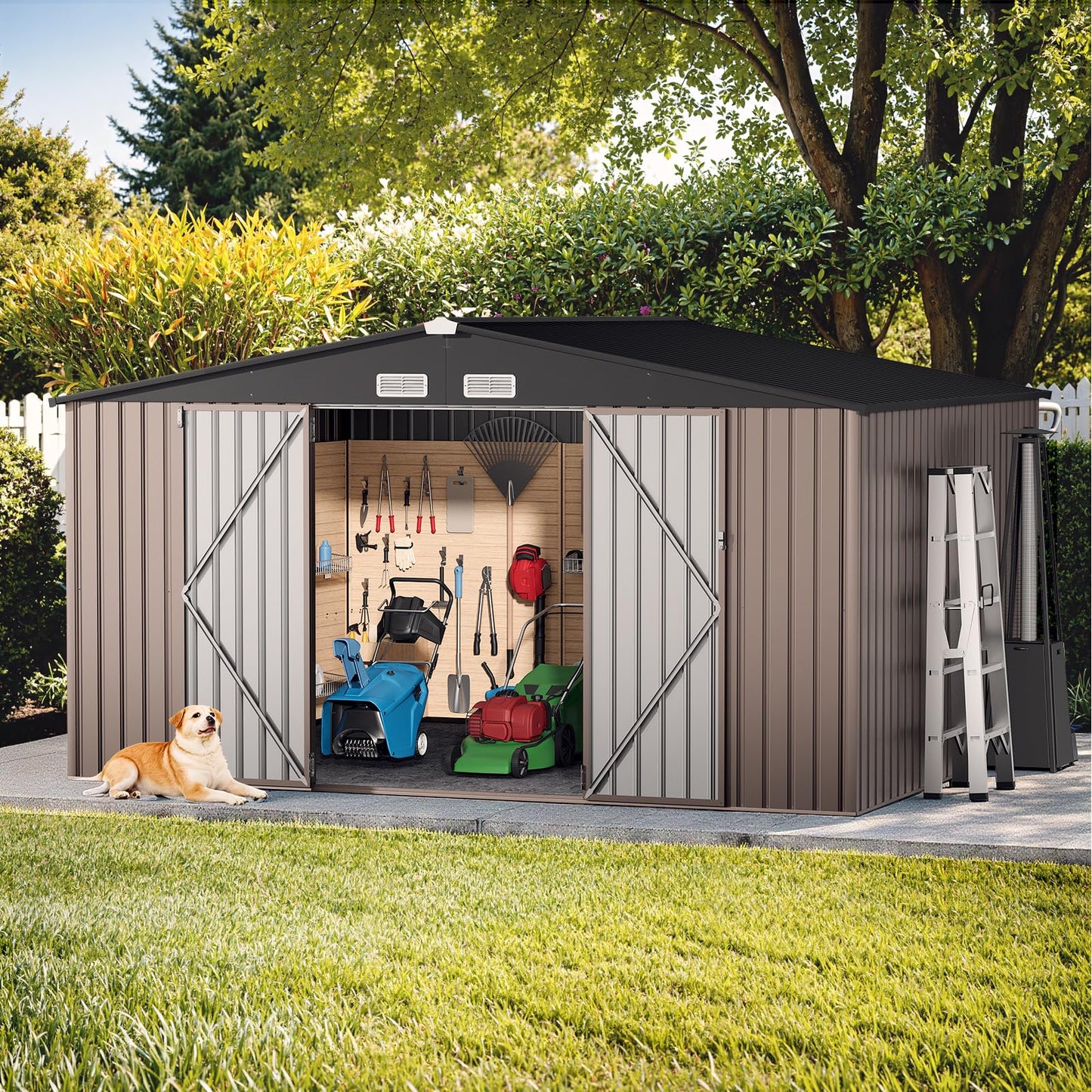 GVDV 12x10 FT Outdoor Metal Storage Shed, Durable Garden Shed with Reinforced Sidewall Girts & Updated Frame Structure, All-Weather Shelter for Backyard, Patio, Tool, Bike Storage