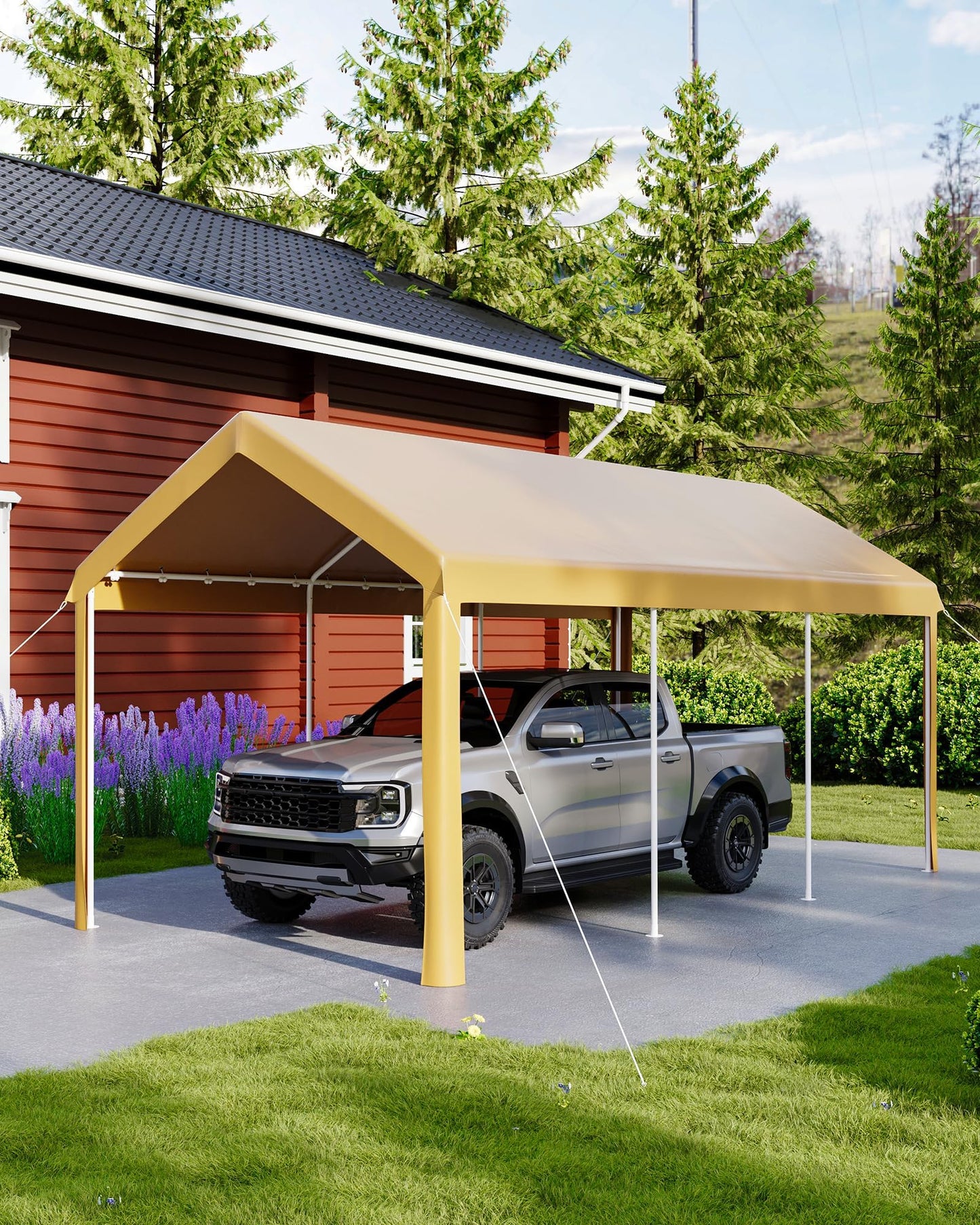 10x20 ft Heavy Duty Carport with Galvanized Steel Frame, Outdoor Car Canopy with 3-Layer UV-Resistant & Water-Resistant PE Cover, Portable Garage for SUV Truck Boat Outdoor Party, Khaki