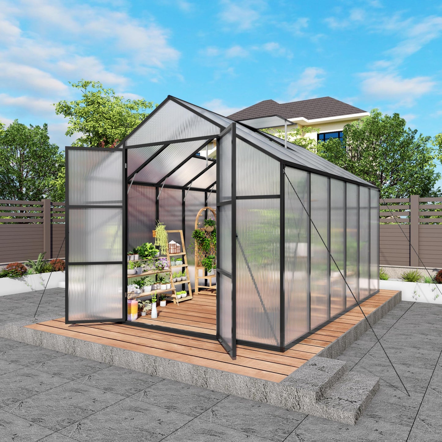 YOPTO 8x12T Greenhouse,Outdoor Polycarbonate Greenhouse with Roof Vent & Drainage System,Heavy Duty Aluminum Walk-in Green Houses for Outside Garden Backyard,Easy Assembly,Black