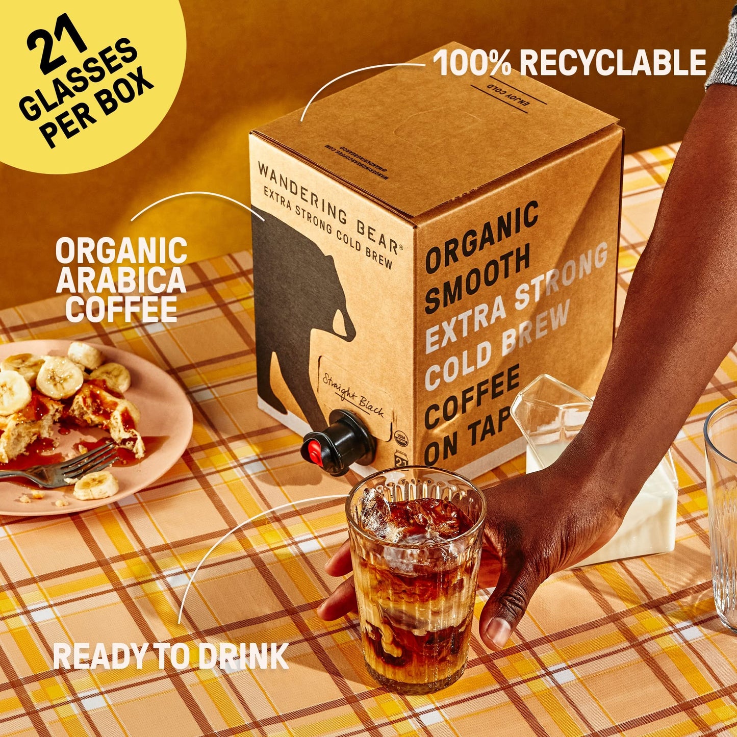 Wandering Bear Straight Black Organic Cold Brew Coffee On Tap, Iced Coffee Drink - Extra Strong, Bold, Smooth, No Sugar Added, Shelf-Stable, Ready to Drink & Vegan, 100% Organic - 128 fl oz (1 gallon)
