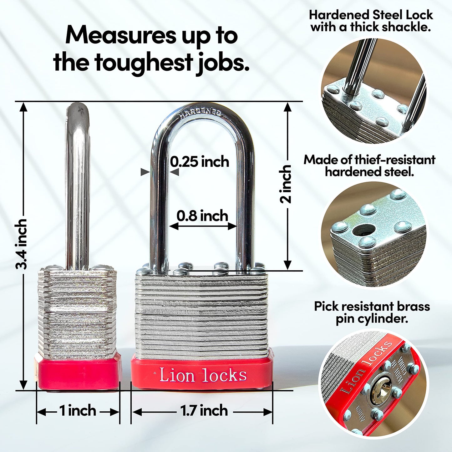 Lion Locks 12 Keyed Alike Padlocks with 2" Long Shackle, 24 Keys - Padlocks for Outdoor Use, Locks with Keys, Hardened Steel Case, Pick Resistant Brass Pin Cylinder for Hasp Latch, Locker, Gate