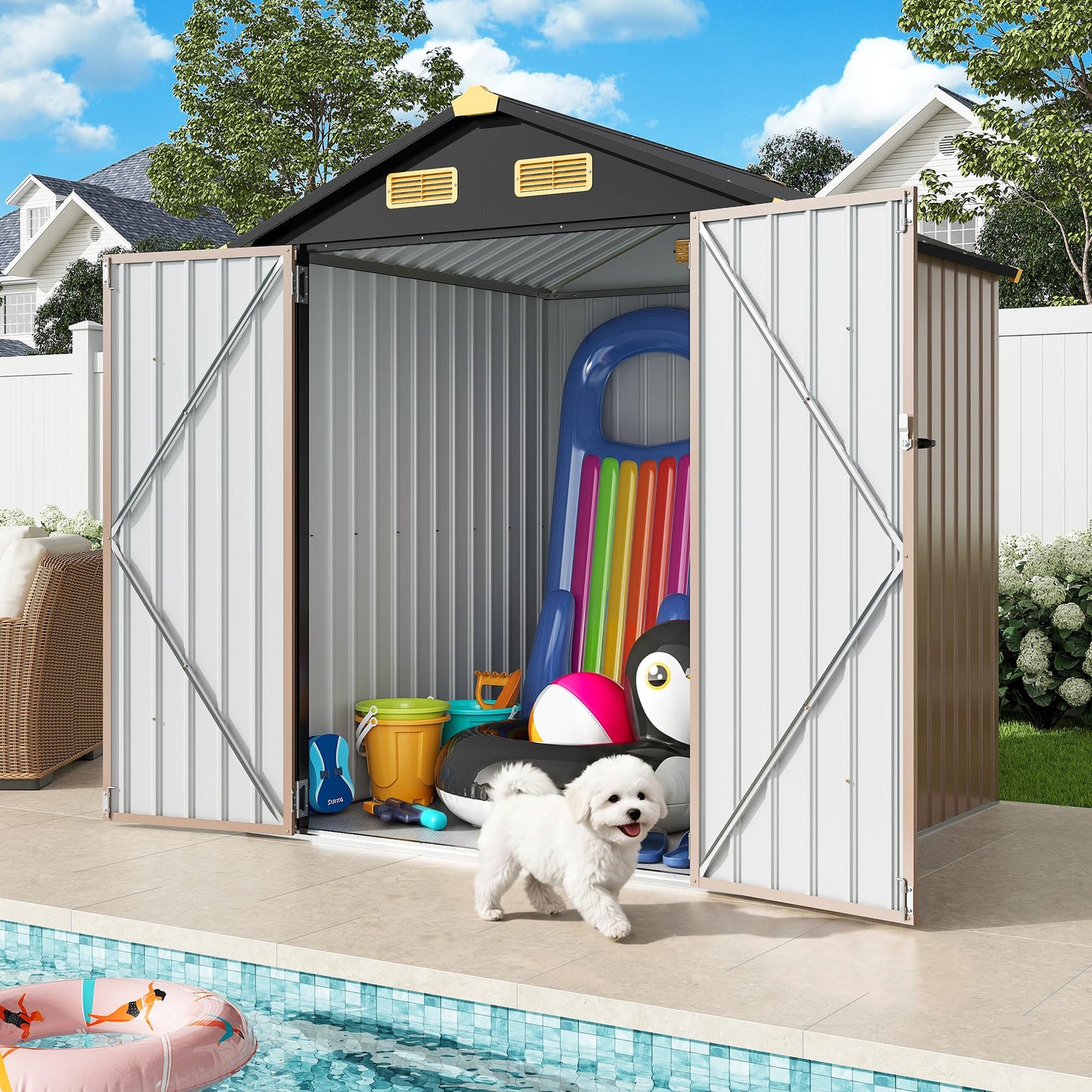 IRONCK 6×6 FT Shed, Galvanized Steel Tool Storage Shed with Lockable Double Doors & Ventilation, Outdoor Utility Storage for Wheelbarrow, Bikes, Yard Bins, Black Brown