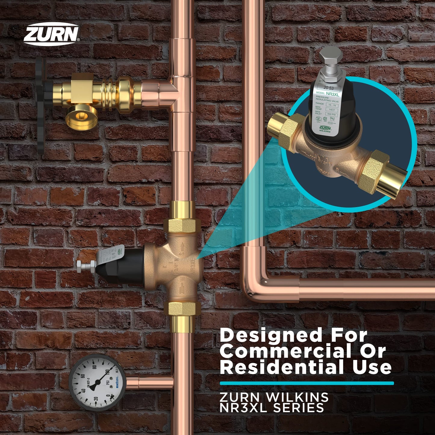 Zurn Wilkins 3/4" NR3XL Water Pressure Reducing Valve Integral By-pass Check Vlv & Strainer High Range, Sealed Cage, Double Union