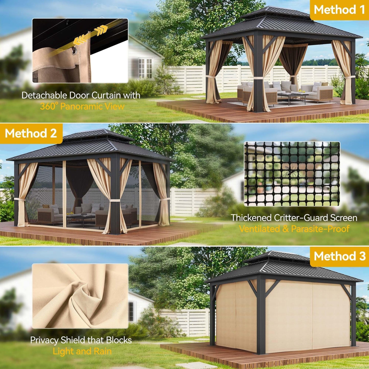 DWVO 12x14ft Hardtop Gazebo Double Roof with Nettings and Curtains, Heavy Duty Galvanized Steel Outdoor Vertical Stripes Roof for Patio, Backyard, Deck, Lawns, Brown