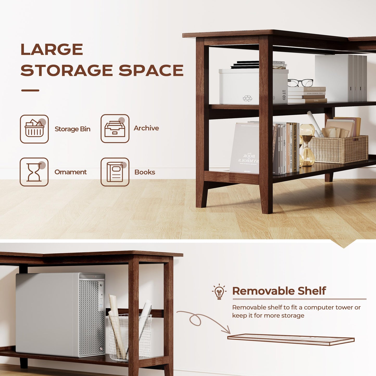 IOTXY Reversible L-Shaped Office Desk - 63" Extra Large Corner Computer Table with Storage Shelves, Solid Wood Legs, Home Writing & Study Workstation, Walnut