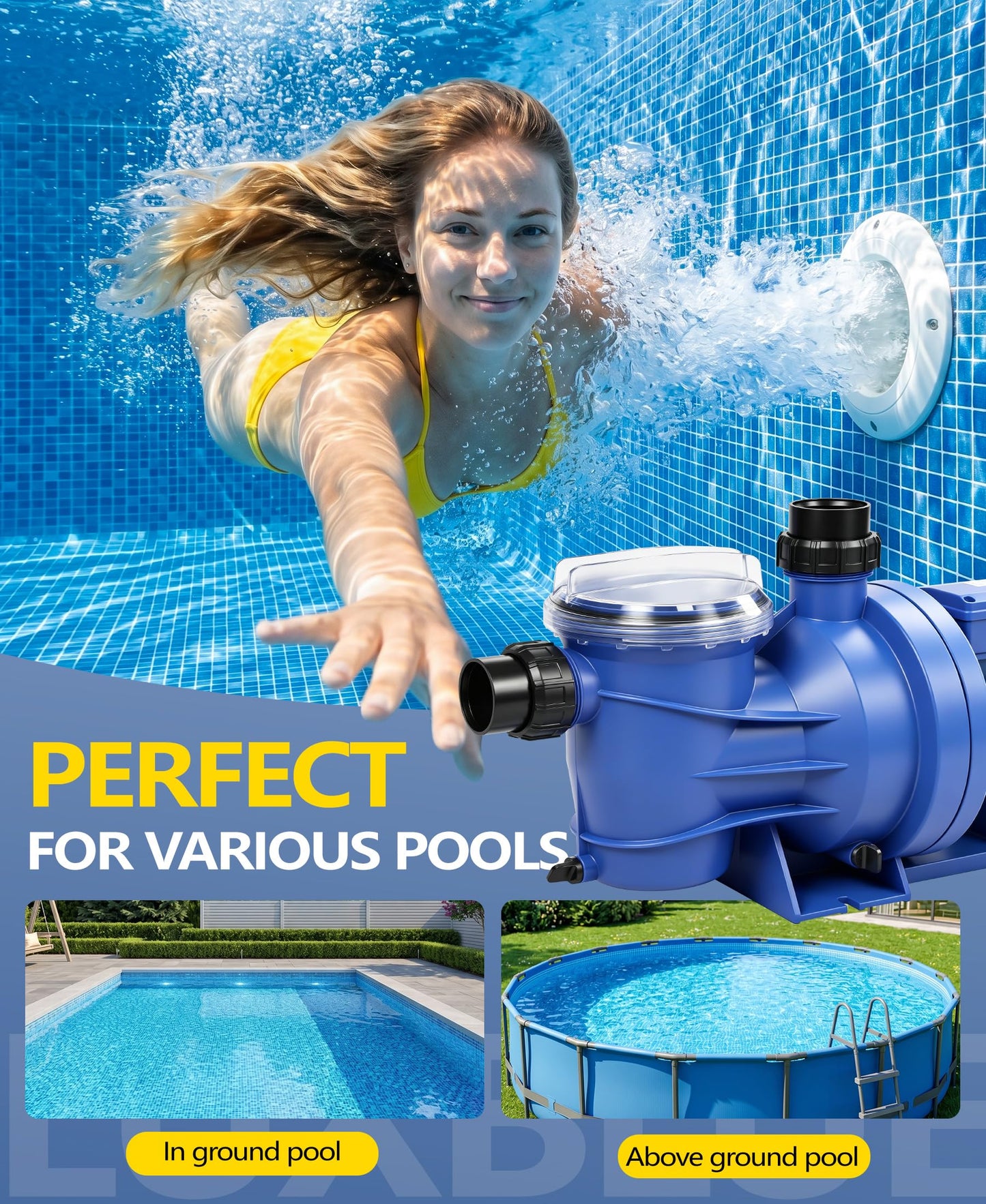 LuxBlue 1.5HP In/Above Ground Pool Pump | Powerful Self-Priming Pool Pumps | Max 6060GPH, 52FT Head Lift for Energy Efficient Water Circulation & Filtration, Includes 1.25"/1.5"/2" Hose Connectors