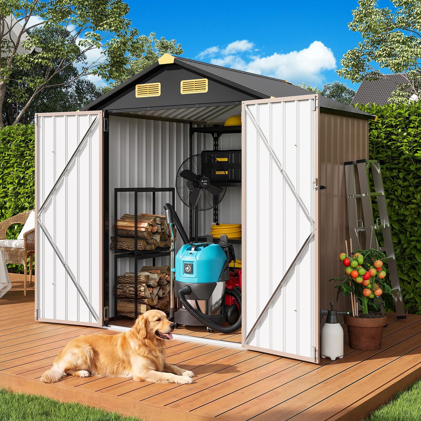 IRONCK 6×6 FT Shed, Galvanized Steel Tool Storage Shed with Lockable Double Doors & Ventilation, Outdoor Utility Storage for Wheelbarrow, Bikes, Yard Bins, Black Brown