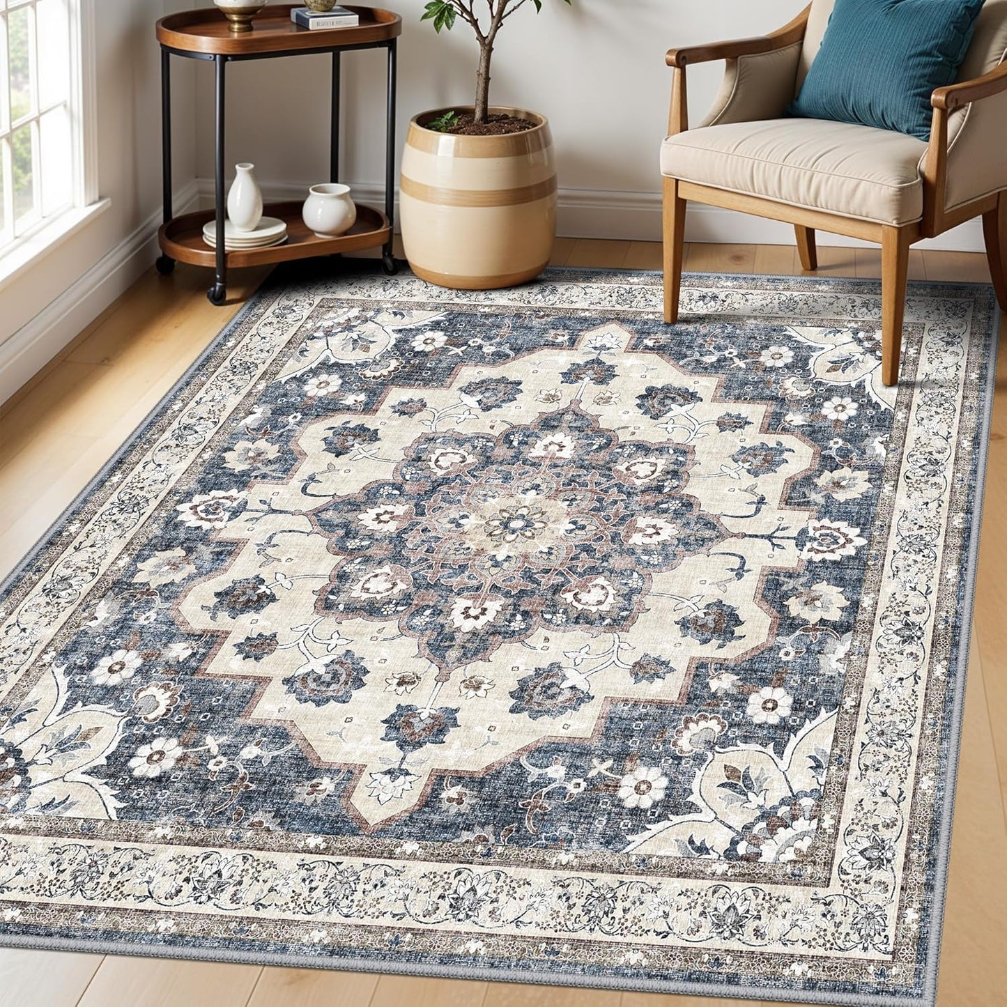 Skiennix 5x5 Square Rug - Stain Resistant Area Rug for Living Room, Bedroom & Dining Room | Non-Slip Blue Carpet