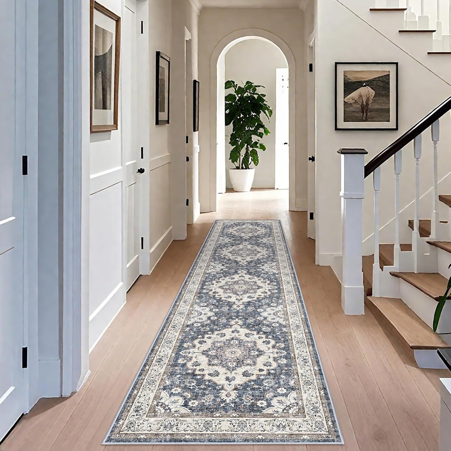 Regine Switzerland Washable 3x12 Hallway Runner Rug - Non-Slip Floral Design, Stain Resistant, Blue