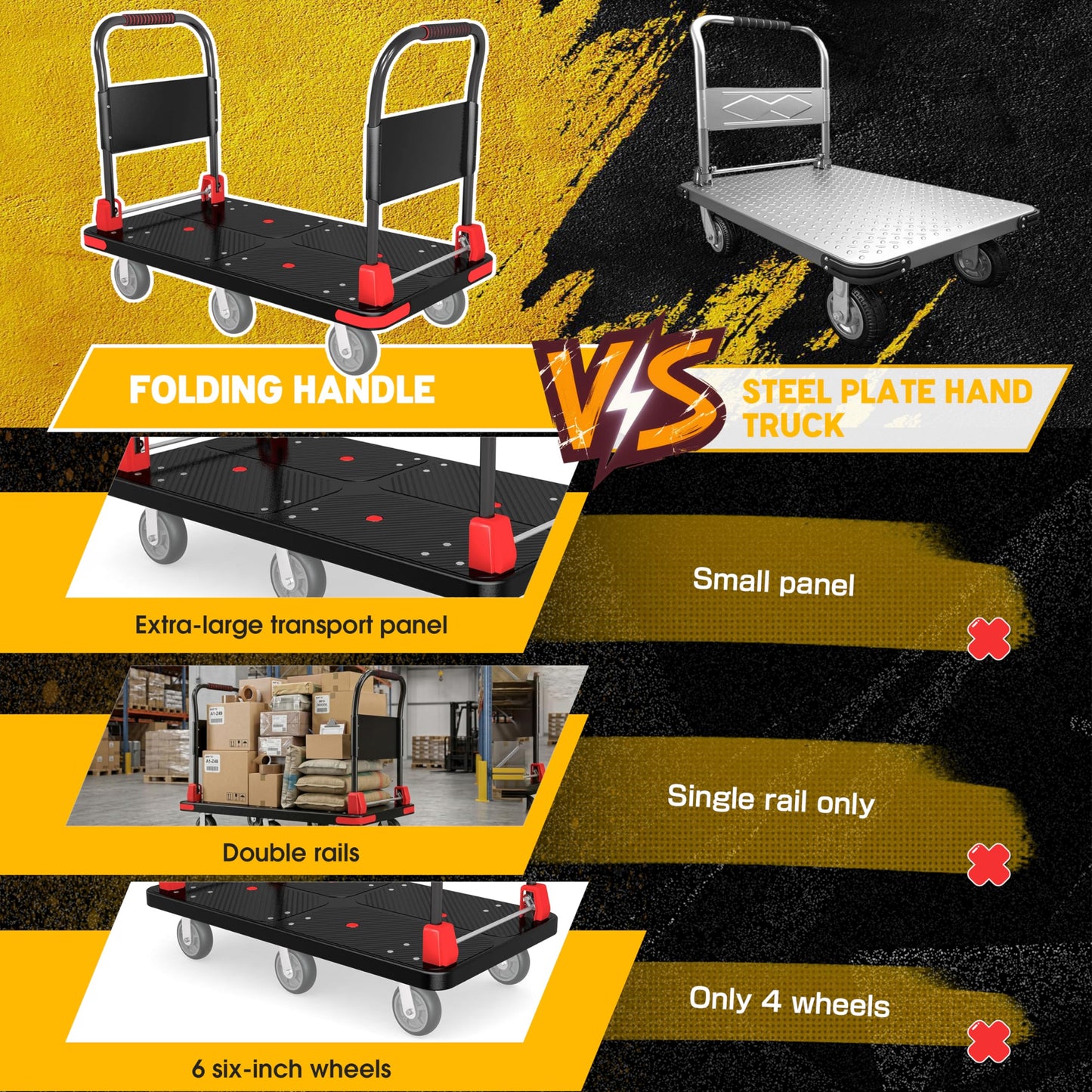 Platform Trucks Flatbed Cart Heavy Duty with 2 Handrails & 6 Rubber Wheels, Flat Dolly 2000lbs Capacity with Bungee Cord, 49.2"x27.56" Folding Hand Cart for Moving Furniture/Office/Warehouse/Garage