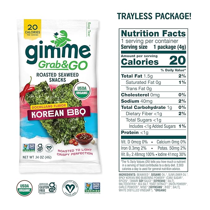 Gimme Seaweed Grab & Go Organic Premium Roasted Seaweed Snacks, Korean BBQ, 5 Count Trayless, Keto, Vegan, Gluten-Free, Source of Omega3s, Healthy On-The-Go Snack for Kids & Adults