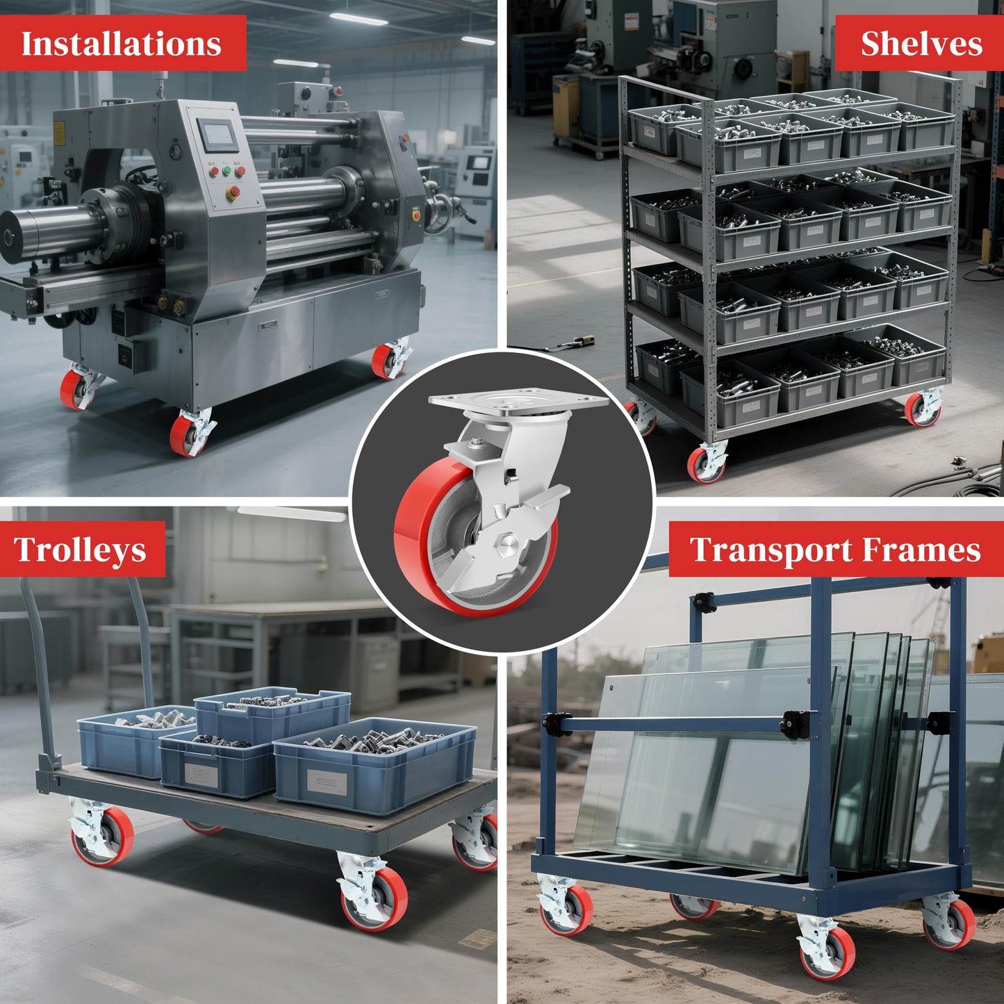 W B D WEIBIDA 5 Inch Industrial Casters, Heavy Duty Casters 4000 LBS, Low Noise Polyurethane Wheels on Steel Hub Swivel Plate Caster Wheels Shelving, Gantry Crane, Platform Truck(4 Brake)