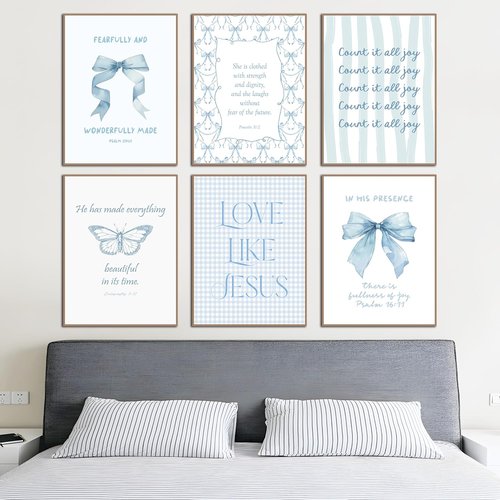 Coquette Blue Bow Wall Art | Inspirational Bible Verse Decor for Teen Girls | Light Blue 8x10 Unframed