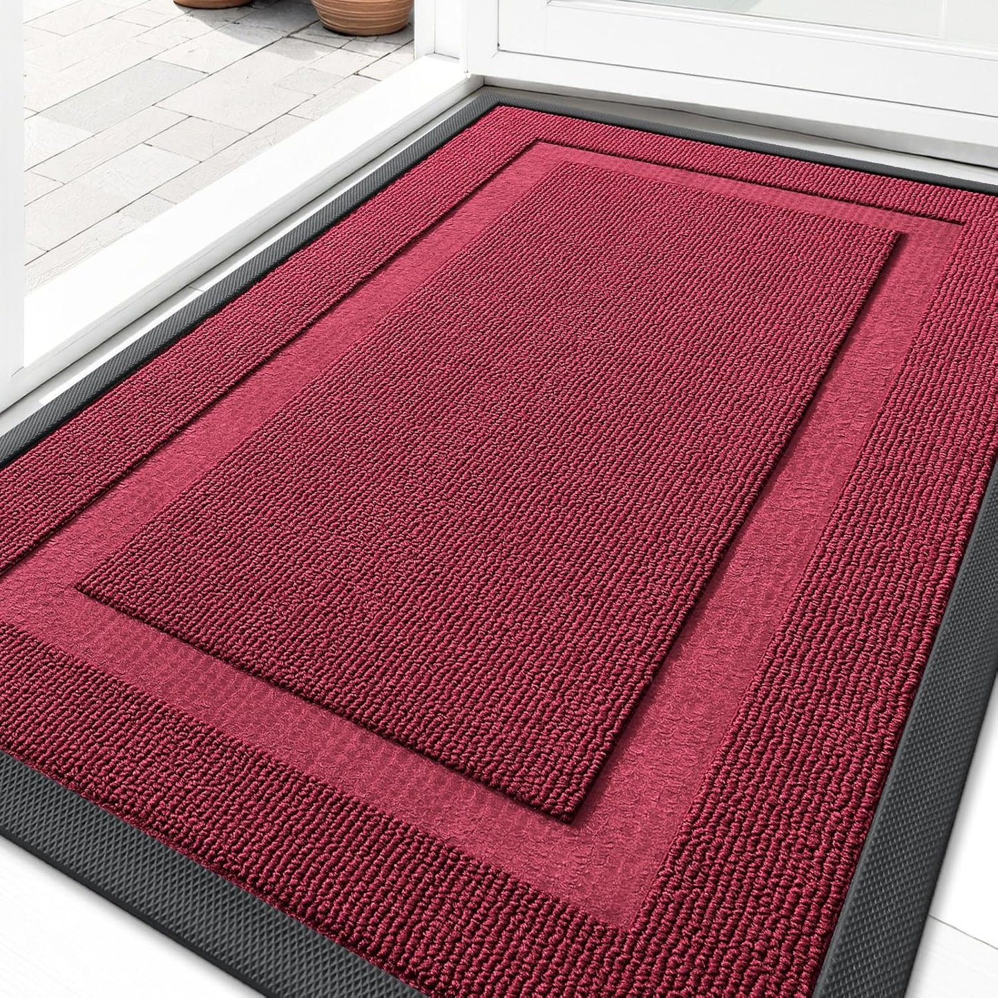 OLANLY Indoor Outdoor Front Door Mat - Waterproof All-Season Doormat, Easy Clean, 35x23, Burgundy