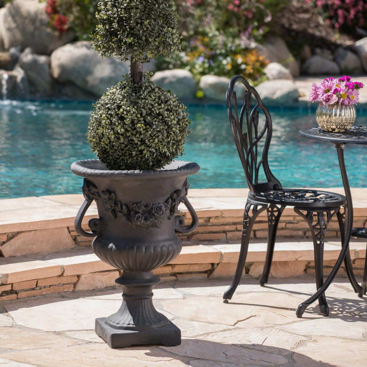 Gubaiao Antique Black Magnesium Oxide Urn Planter, Elegant Decorative Outdoor Garden Patio or Indoor Vase, Ready to Use, 17.3L x 17.3W x 24H Inches