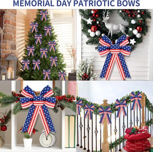 MuPera Patriotic Bow Set - 6 Pcs Red, White & Blue Wreath Bows for Independence Day Decor