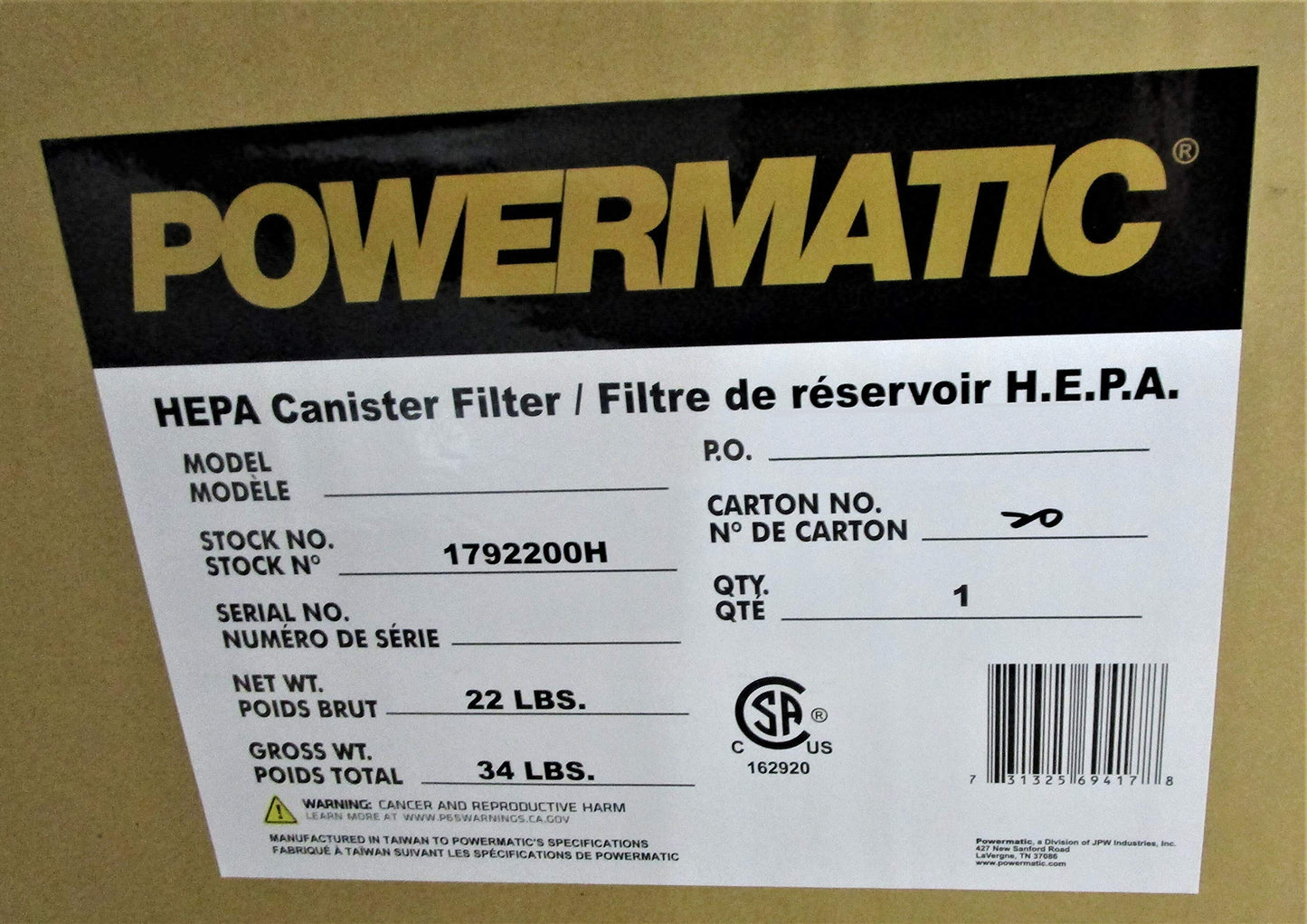 Powermatic HEPA Filter, for PM2200 3-HP Dust Collector (1792200H)