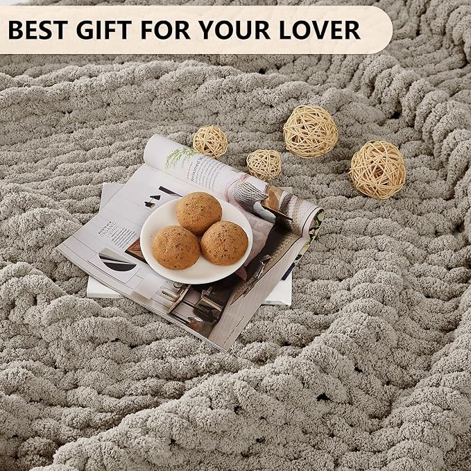 L'AGRATY Chunky Knit Blanket Throw: 60''x80'' Chenille Chunky Knitted Throw Blankets for Bed Couch - Handmade Thick Big Cable Knit Blanket - Large Crochet Rope Blankets for Home Decor(Light Linen)