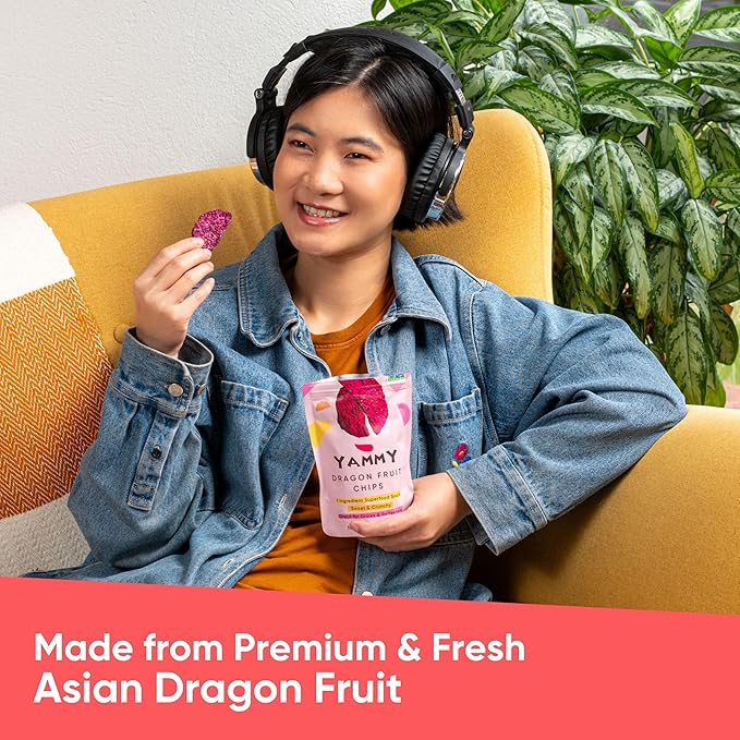 Yammy Dried Dragon Fruit Chips for Drinks Refreshers, Healthy 1 Ingredient Superfood Snack, Crunchy Like Freeze Dried Dragonfruit Chunks, Dehydrated Pitaya Pieces, Gluten Free Vegan (1.2oz Pack of 12)