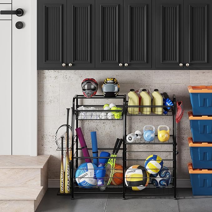 Garage Sports Equipment Organizer - Ball Storage Rack with Elastic Rope or Wire Mesh,Garage Organizer System with Wheels,Indoor/Outdoor Sports Rack for Sports Gear and Toys Storage,Black
