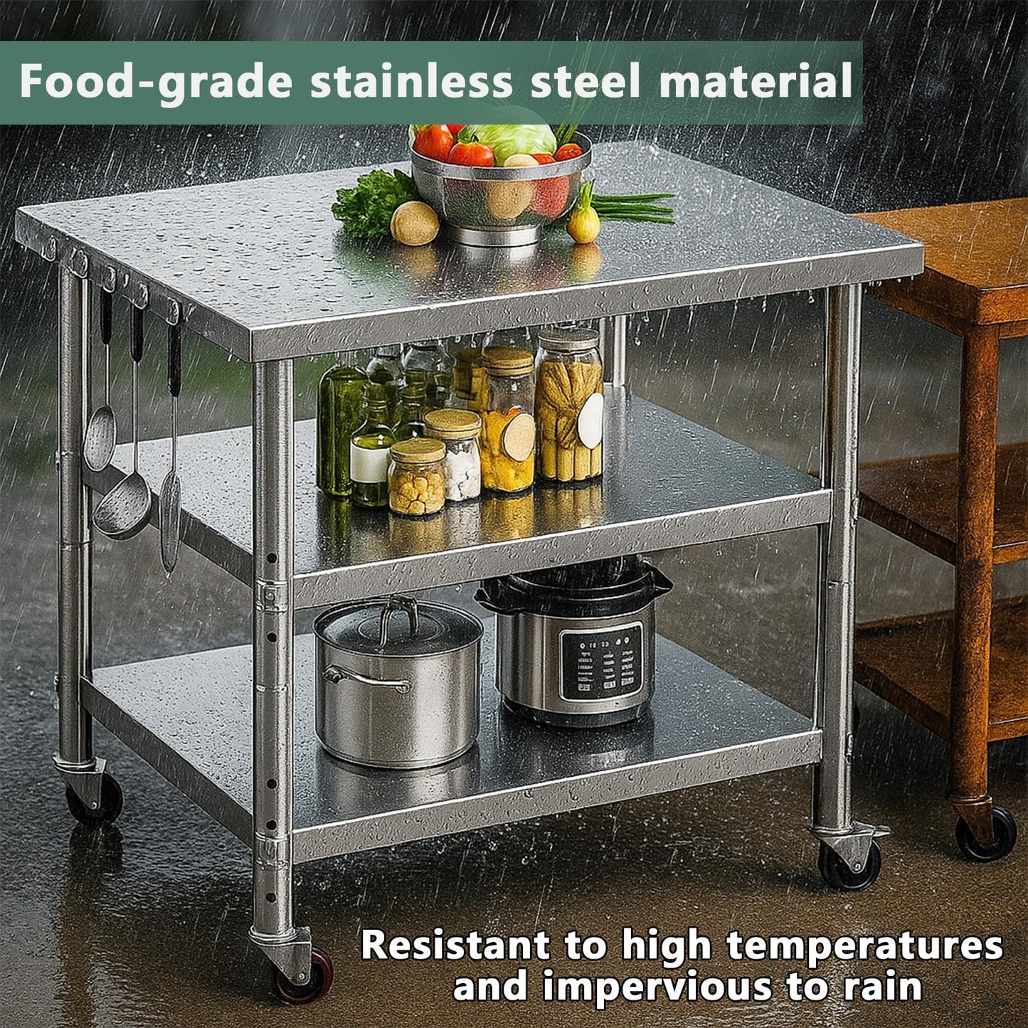 Stainless Steel Table with Wheels for Food Preparation and Work Extra-Large, Multi-Size Optional, Three-Layer Variable Two-Layer Metal Commercial Workbench Restaurant, Kitchen (60" Lx24 Wx34 H)
