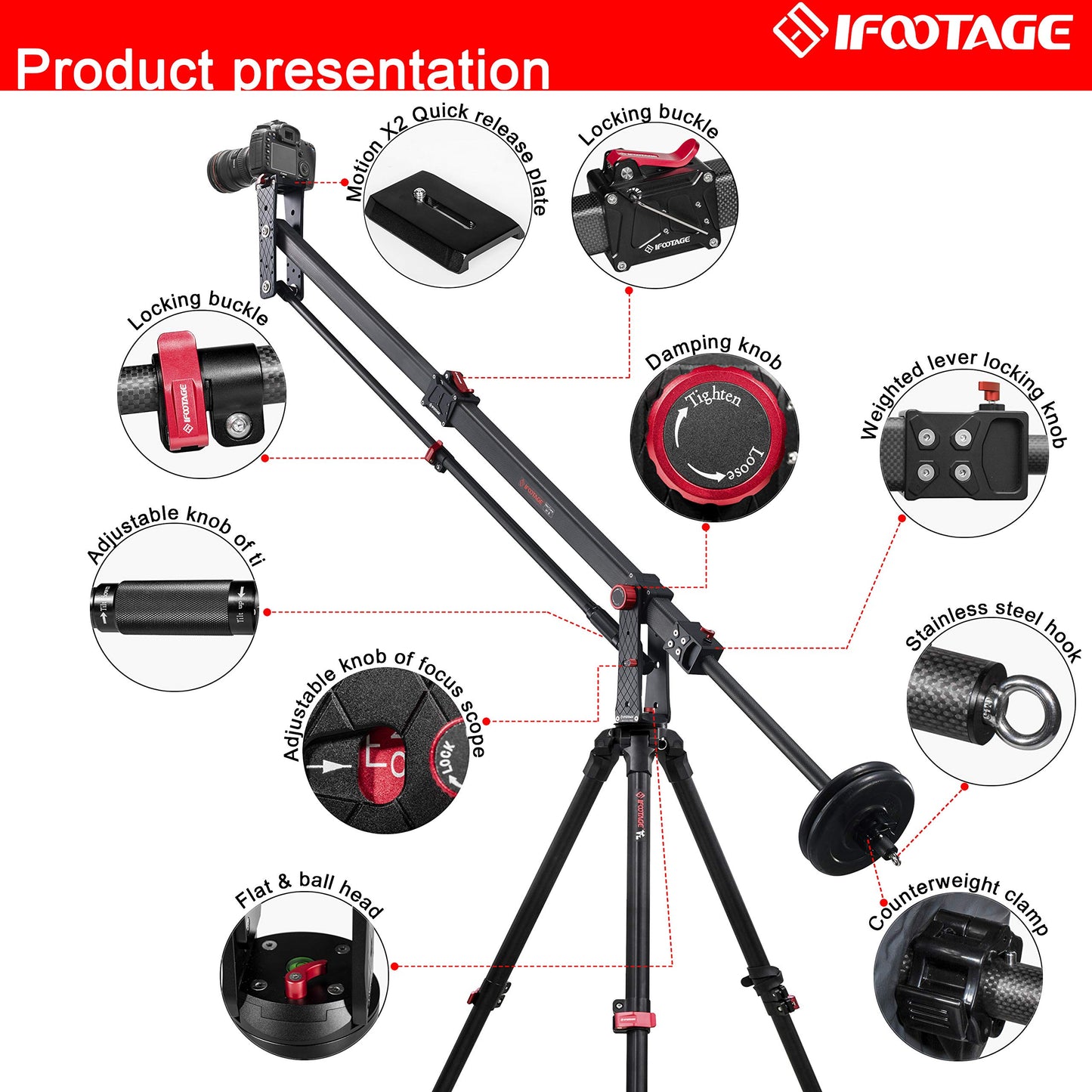 IFOOTAGE 85 inches Carbon Fiber Camera Mini Jib Crane M1 III (Hold up to 33lbs) Foldable and Extendable Jib Arm with 1/4 & 3/8 inch Quick Release Plate