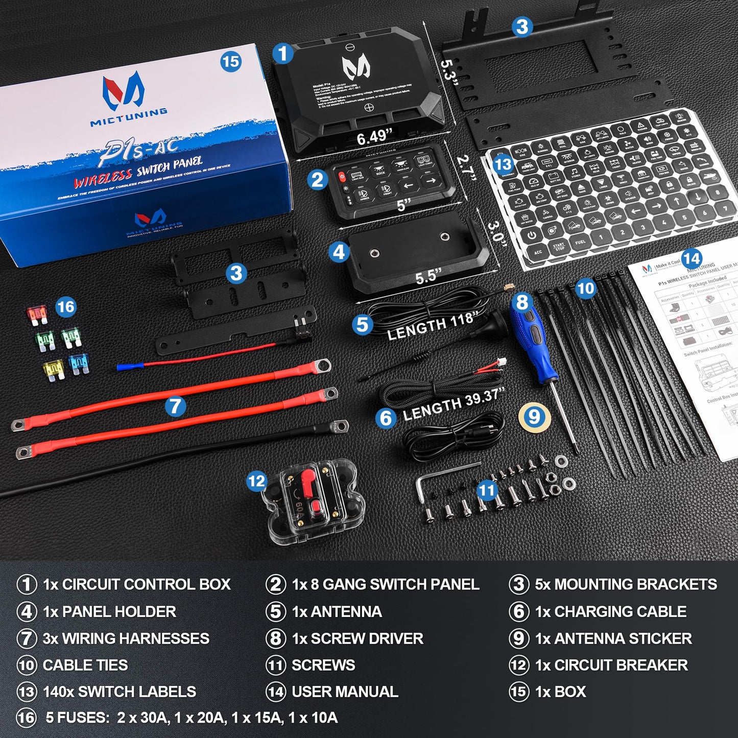 MICTUNING P1s-AC Wireless RGB 8 Gang Switch Panel, 433MHz Remote Control Range Up to 165FT Plug and Play 12V Multifunction Toggle Momentary Strobe Pulsed Circuit Control Relay System Box for Car RV