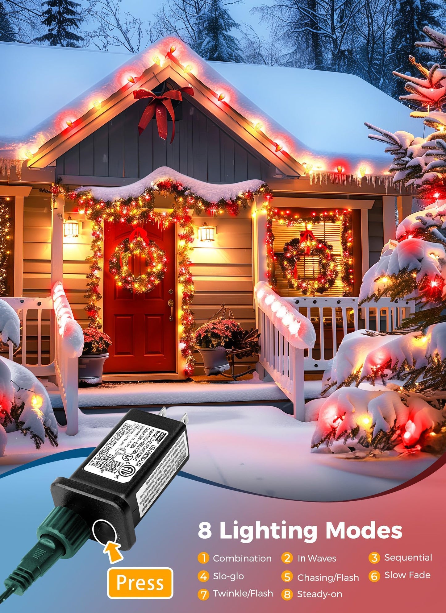 Minetom C9 LED Christmas String Lights, 100 LEDs, 82ft, Red and Warm White, Outdoor with Timer, Model GVLV100/10F