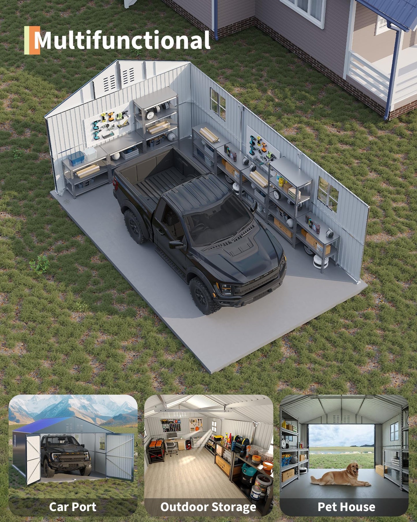 GarveeLife 12x20 ft Metal Carport, Enclosed Car Port with Reinforced Frame and Steel Roof for All-Weather Use, Metal Garage Shed for Full-Sized Pickup Trucks