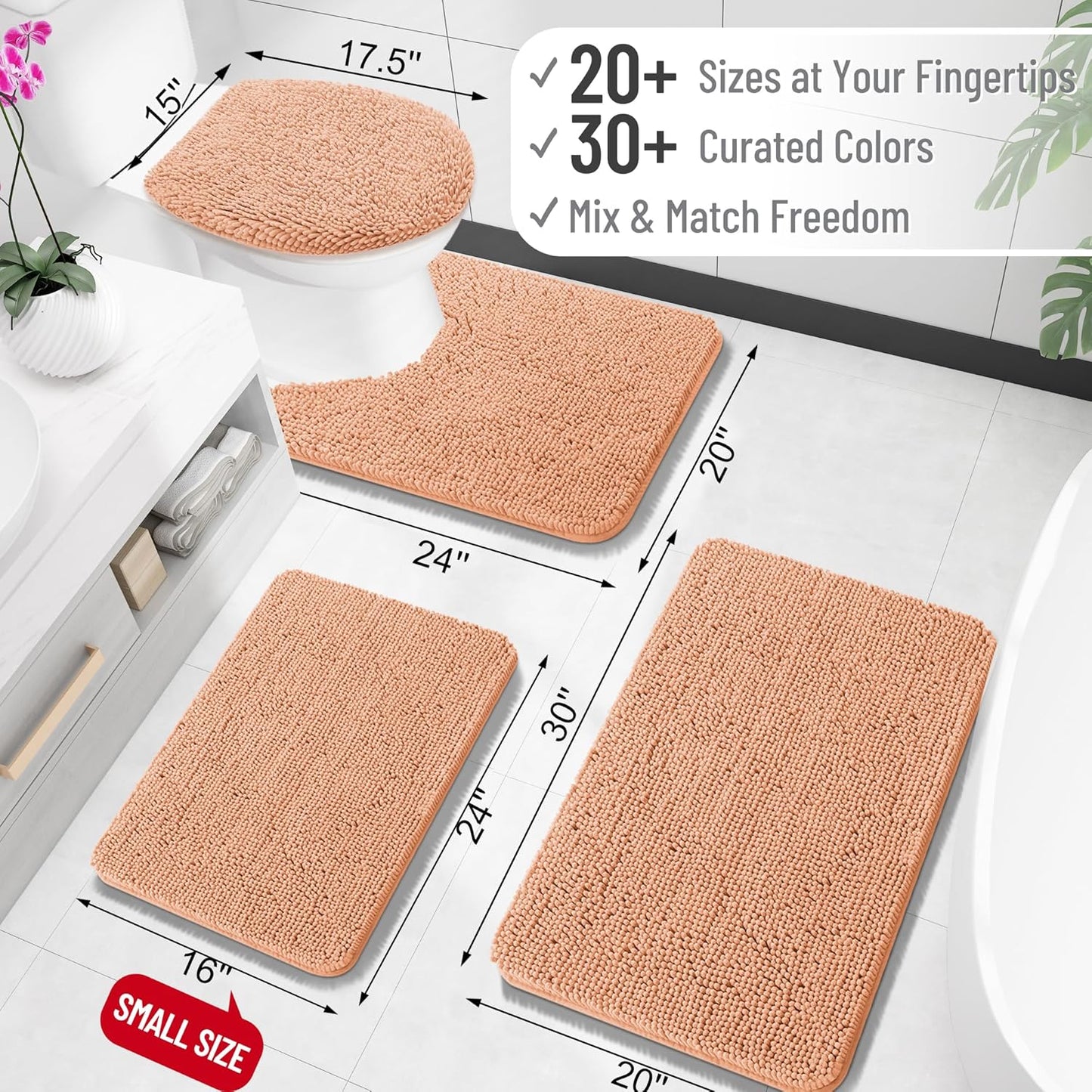 OLANLY U-Shaped Toilet Rugs - Extra Soft Chenille, Quick-Dry, Non-Slip Bath Mat | 24x20, Peach