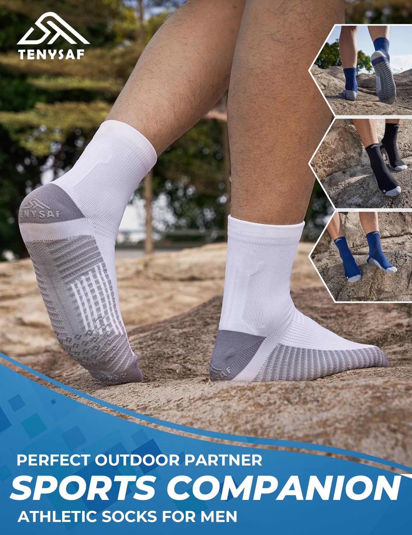 TENYSAF Men's Compression Socks for Running: 3 Pairs Grip Athletic Socks - Breathable Non-Slip for Runner Gym Badminton Sports White Size 9-13